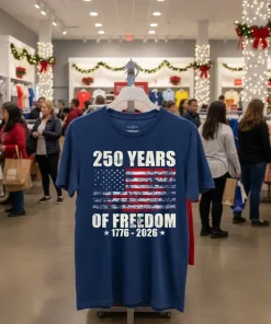 250 Years Of Freedom 1776 2026 American Flag Retro T   Navy T Shirt