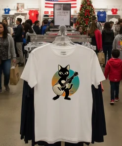 Acoustic Guitar Black Cat T   White T Shirt