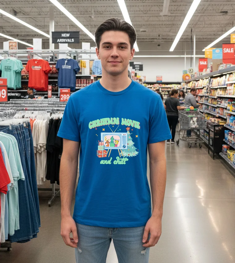 Cozy Up This Holiday Season With Our Christmas Movie And Chill - blue-t-shirt Cozy Up This Holiday Season With Our Christmas Movie And Chill Blue T Shirt