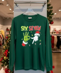 Grinch And Santa Hands Six Seven Christmas 2025   Green T Shirt