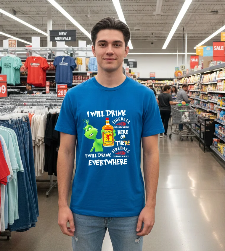 Grinch Fireball Cinnamon Whisky Playfully Printed Design For Whisky Lovers - blue-t-shirt Grinch Fireball Cinnamon Whisky Playfully Printed Design For Whisky Lovers Blue T Shirt