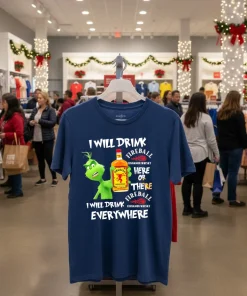 Grinch Fireball Cinnamon Whisky Playfully Printed Design For Whisky Lovers Navy T Shirt