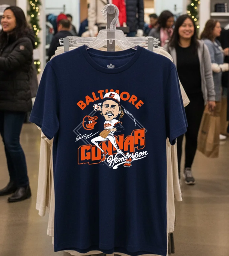 Gunnar Henderson Baltimore Orioles Charcoal Signature Cartoon - navy-t-shirt Gunnar Henderson Baltimore Orioles Charcoal Signature Cartoon Navy T Shirt