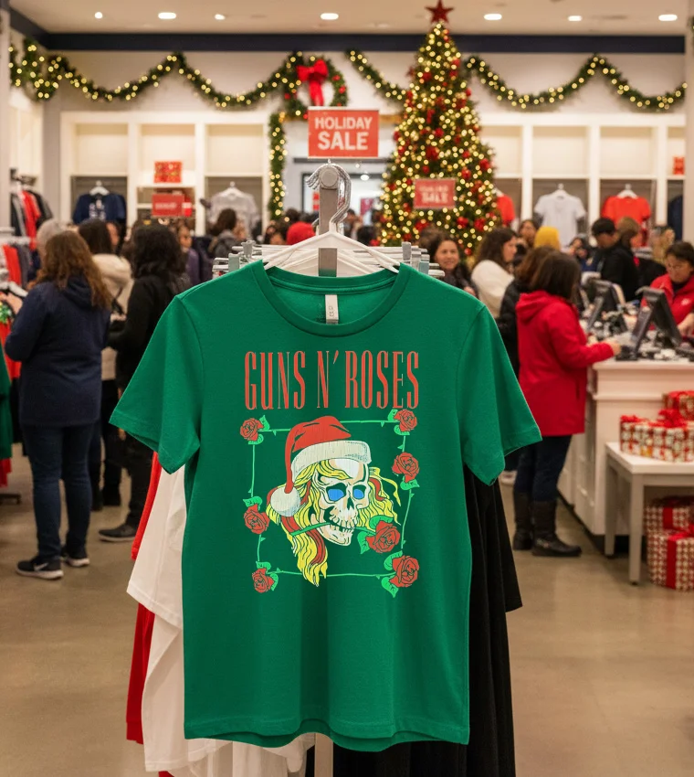 Guns N Roses Holiday Skull - green-t-shirt Guns N Roses Holiday Skull Green T Shirt