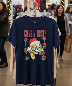 Guns N Roses Holiday Skull   Navy T Shirt