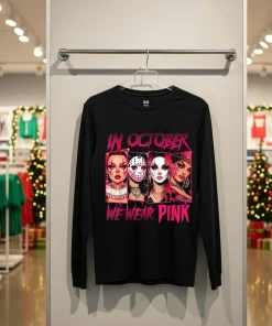 Horror Girl We Wear Pink In October Breast Cancer Awareness funy colorful t-shirt