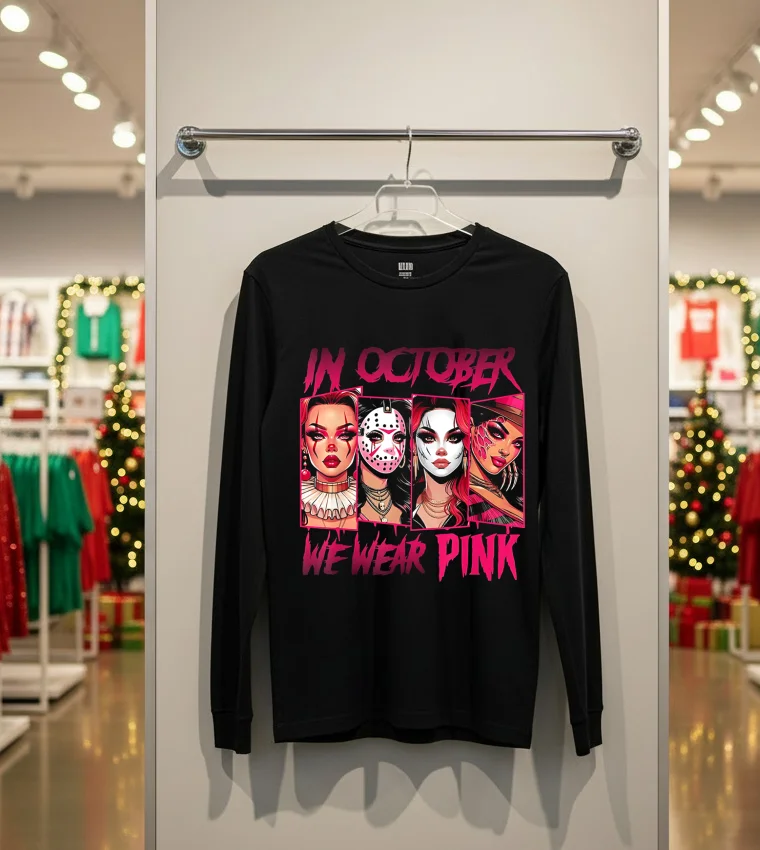 Horror Girl We Wear Pink In October Breast Cancer Awareness - back-t-shirt Horror Girl We Wear Pink In October Breast Cancer Awareness Back T Shirt