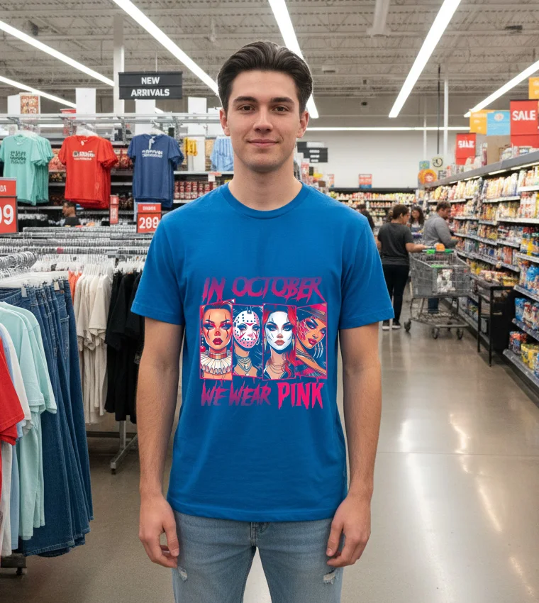 Horror Girl We Wear Pink In October Breast Cancer Awareness - blue-t-shirt Horror Girl We Wear Pink In October Breast Cancer Awareness Blue T Shirt