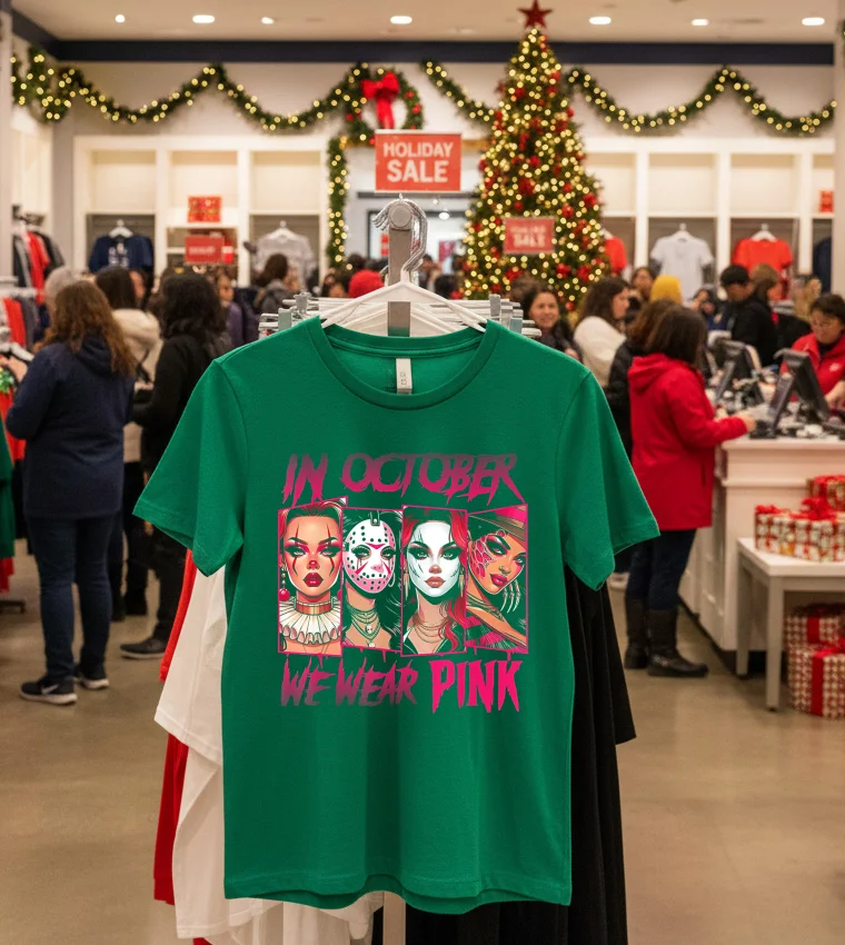 Horror Girl We Wear Pink In October Breast Cancer Awareness - green-t-shirt Horror Girl We Wear Pink In October Breast Cancer Awareness Green T Shirt