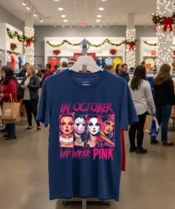 Horror Girl We Wear Pink In October Breast Cancer Awareness Navy T Shirt