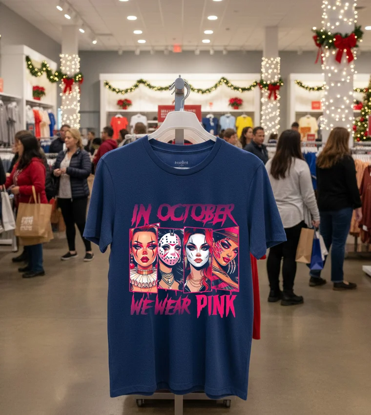 Horror Girl We Wear Pink In October Breast Cancer Awareness - navy-t-shirt Horror Girl We Wear Pink In October Breast Cancer Awareness Navy T Shirt