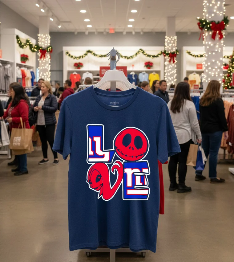 Jack Skellington And Sally Fan New York Giants - navy-t-shirt Jack Skellington And Sally Fan New York Giants Navy T Shirt