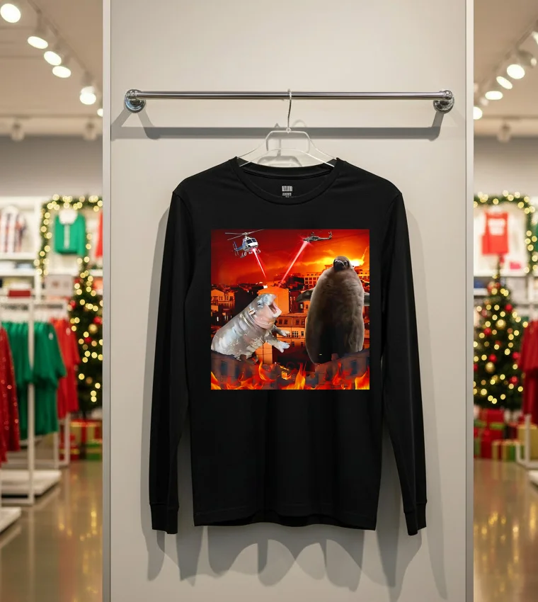 Moo Deng And Pesto Battle Destroy City Fire Scene - back-t-shirt Moo Deng And Pesto Battle Destroy City Fire Scene Back T Shirt