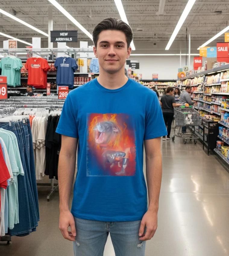 Moo Deng Bouncy Pig In Thai Fire Picture The Cute Baby Hippo - blue-t-shirt Moo Deng Bouncy Pig In Thai Fire Picture The Cute Baby Hippo Blue T Shirt