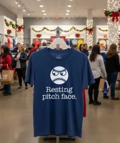Resting Pitch Face Ball Baseball   Navy T Shirt