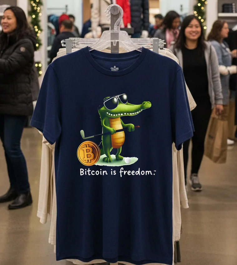 Bitcoin Is Freedom Crocodile Cartoon - navy-t-shirt Bitcoin Is Freedom Crocodile Cartoon Navy T Shirt
