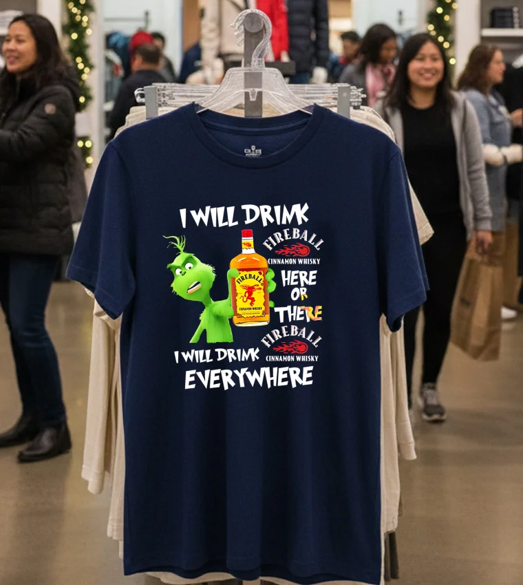 Grinch Fireball Cinnamon Whisky Playfully Printed Design For Whisky Lovers - navy-t-shirt Grinch Fireball Cinnamon Whisky Playfully Printed Design For Whisky Lovers Navy T Shirt 1