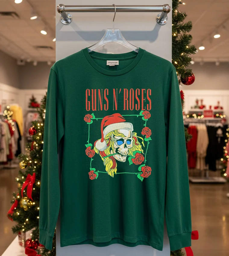 Guns N Roses Holiday Skull - green-t-shirt Guns N Roses Holiday Skull Green T Shirt