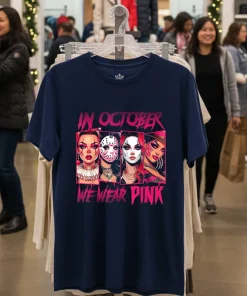 Horror Girl We Wear Pink In October Breast Cancer Awareness funy colorful t-shirt