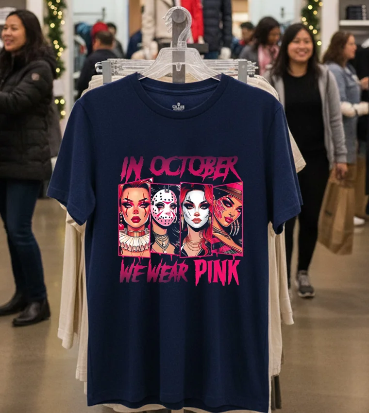 Horror Girl We Wear Pink In October Breast Cancer Awareness - navy-t-shirt Horror Girl We Wear Pink In October Breast Cancer Awareness Navy T Shirt 1