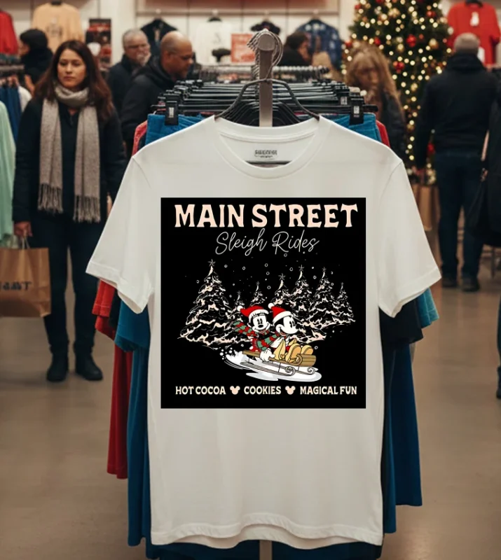 Main Street Sleigh Rides Hot Cocoa Cookies Magical Fun   White T Shirt