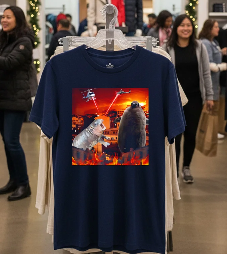 Moo Deng And Pesto Battle Destroy City Fire Scene - navy-t-shirt Moo Deng And Pesto Battle Destroy City Fire Scene Navy T Shirt 1