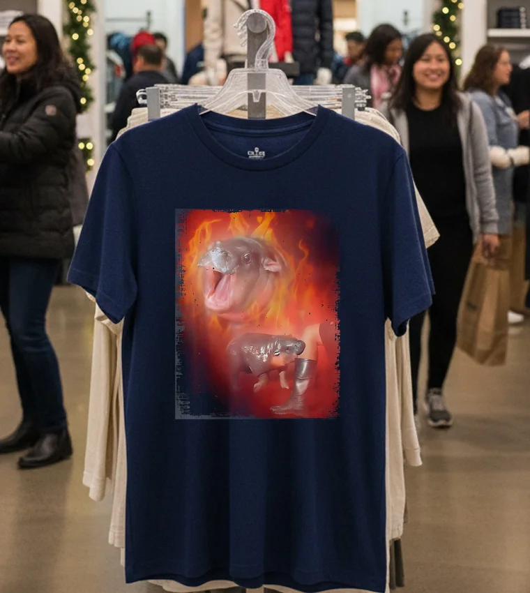 Moo Deng Bouncy Pig In Thai Fire Picture The Cute Baby Hippo - navy-t-shirt Moo Deng Bouncy Pig In Thai Fire Picture The Cute Baby Hippo Navy T Shirt 1