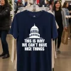 Navy shirt with humorous text design.