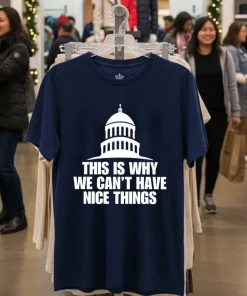 Navy shirt with humorous text design.